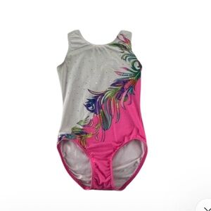 United All Around Girls Gymnastics Leotard AXS Pink White Feather Rhinestone